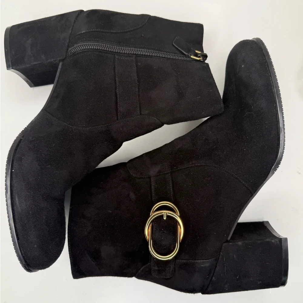 Stuart Weitzman Black Suede Ankle Boots Gold Hardware Block Heel 7.5 - Picture 6 of 13